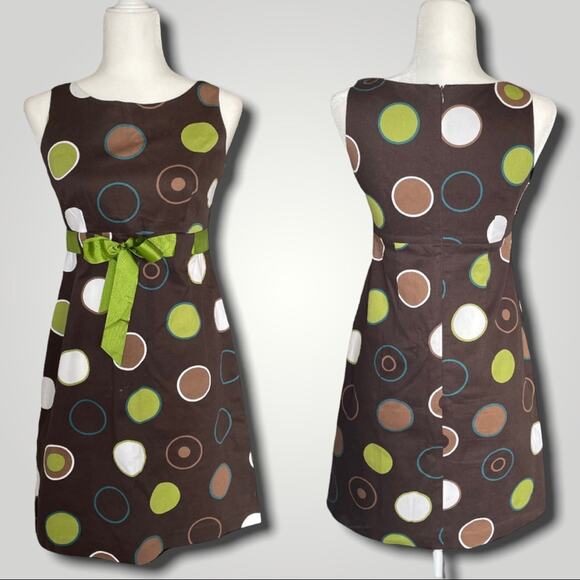 JESSICA HOWARD COLORFUL POLKA DOT EMPIRE WAIST DRESS BROWN GREEN 6P - Picture 1 of 7